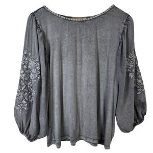 Solitaire Gray Embroidered Balloon Sleeve Top Women Size S Rayon Boho